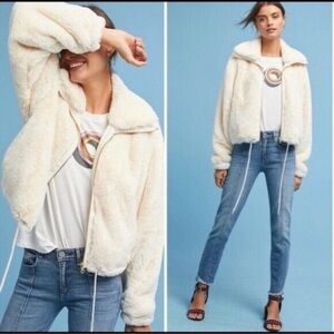 Elevenses Anthropologie Ivory Faux Fur Cropped Bomber Jacket Size XSmall